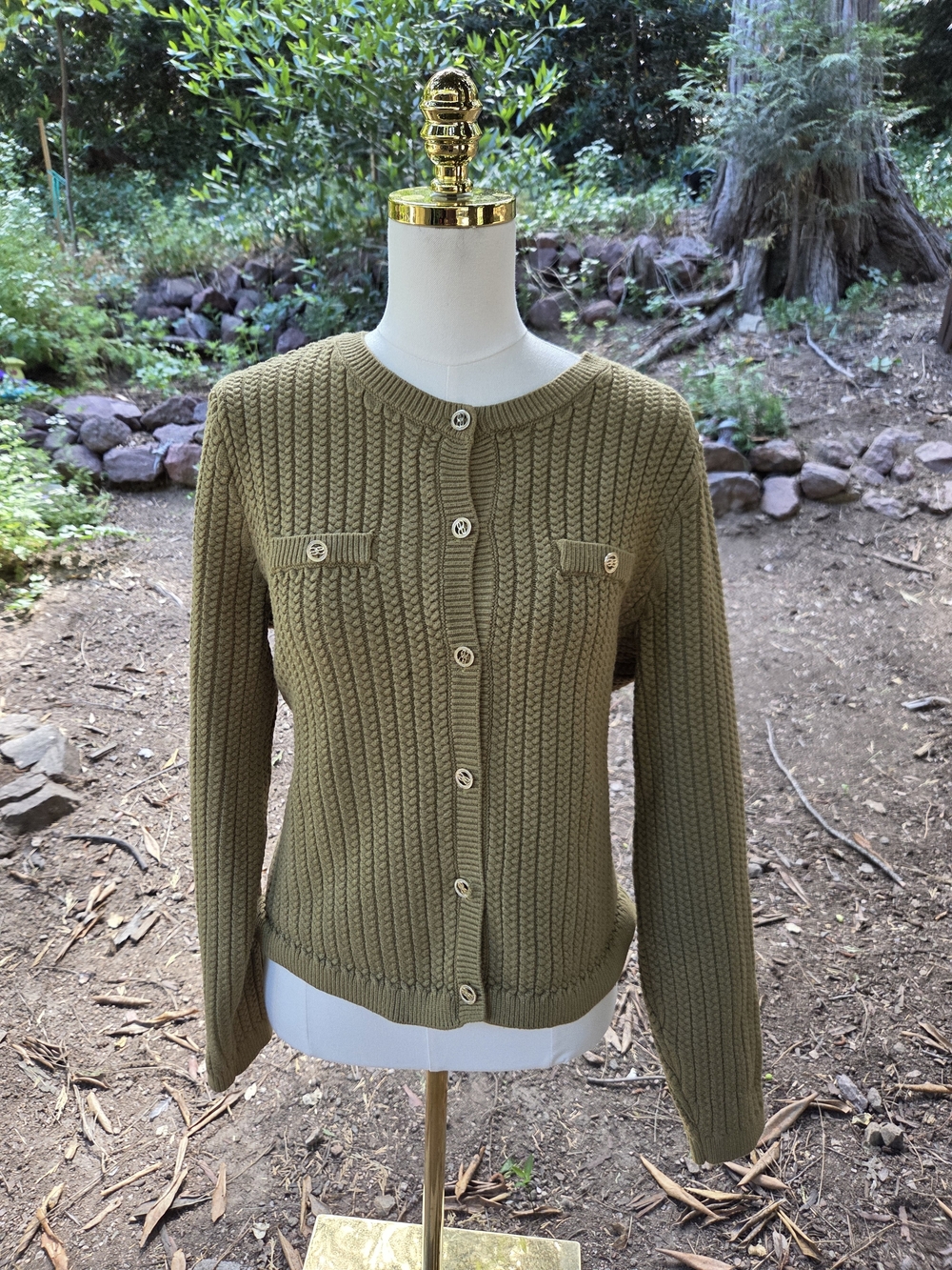 Calligraphie Olive Green Knit Button-Front Women's Sweater Size Large